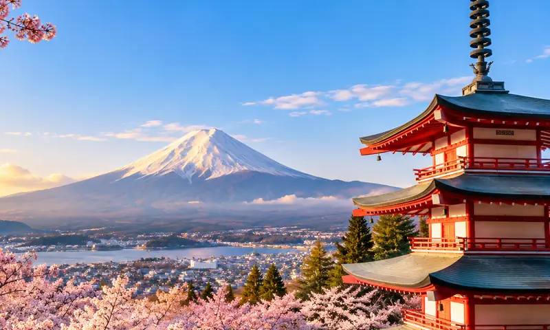 Mount Fuji behind a red pagoda and cherry blossom trees.