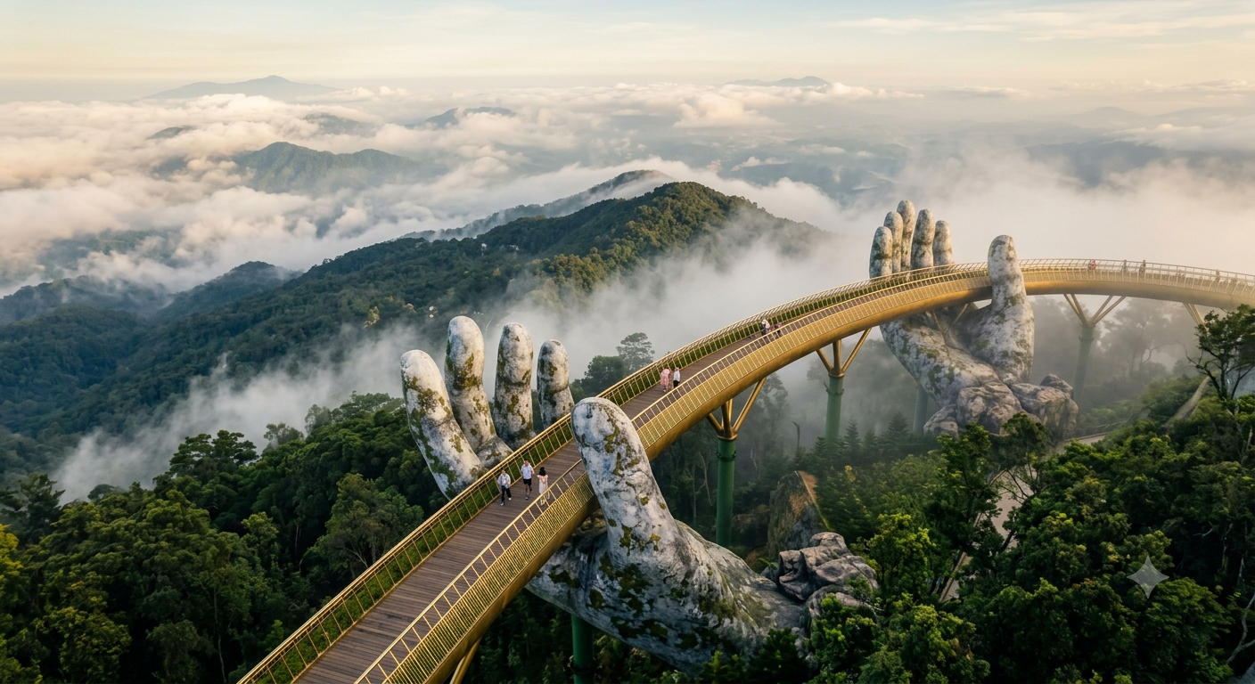 The Golden Bridge held by giant stone hands above the misty hills of Ba Na, Vietnam